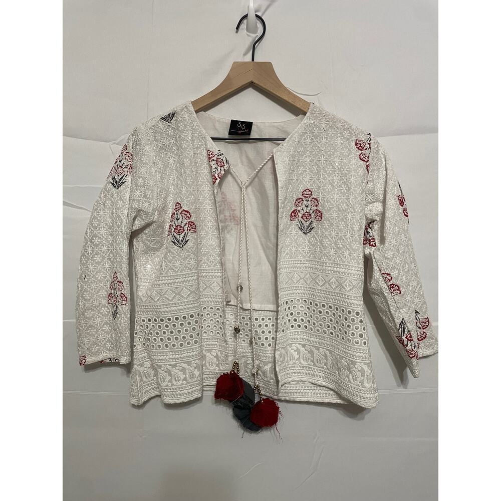 Unique 333 by Jif Open Front Blazer Embroidered Sequin Pom Pom Tassels M